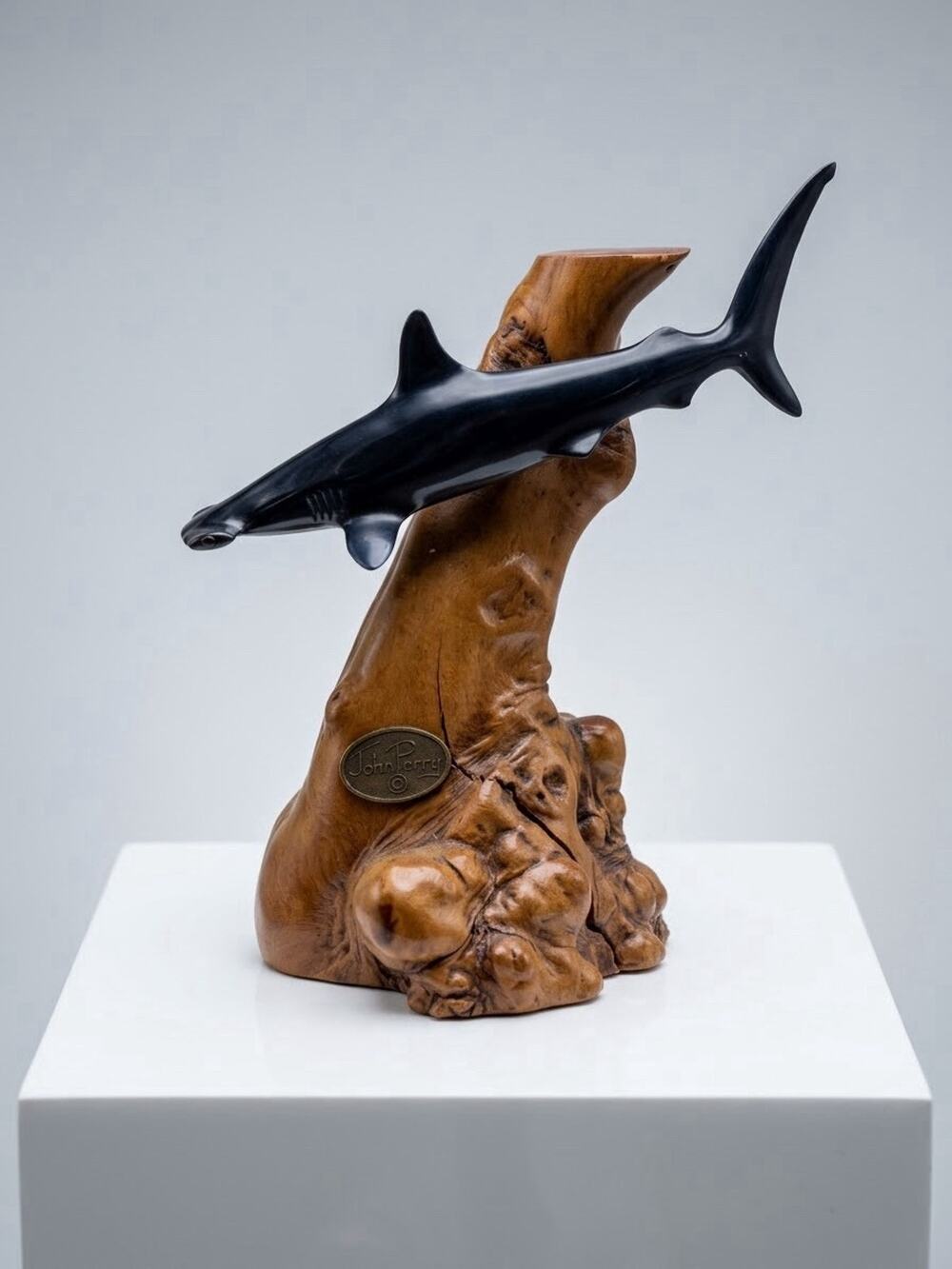 Vintage John Perry Hammerhead Shark Pellucida Manzanita Burl Wood Brass Plaque